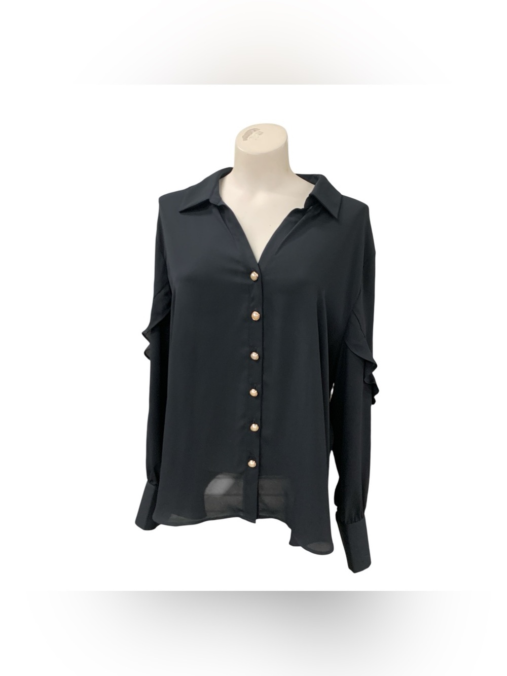 Laura Black Button-Front Ruffle Sleeve Blouse Size Xl
